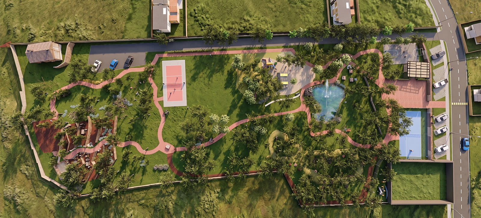 Vista aérea del Parque Entrevalles con sus canchas, andadores y espejo de agua